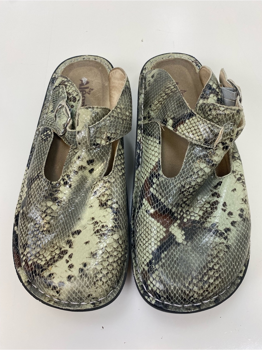 Alegria Snake-Print Clogs in Cream and Brown